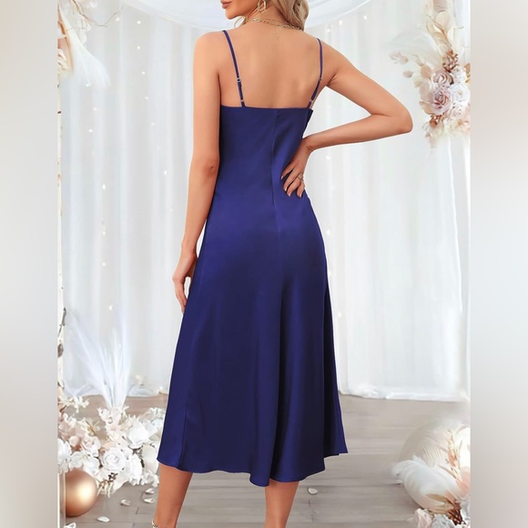 Drape Cowl-Neck Spaghetti-Strap Navy-Blue Midi Sexy backless Dress, NWT, M - Picture 2 of 10